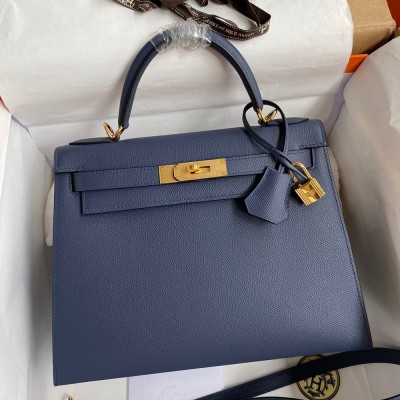 Hermes Kelly Sellier 28 Handmade Bag In Blue Saphir Epsom Calfskin TDBS27196