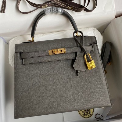 Hermes Kelly Sellier 28 Handmade Bag In Etain Epsom Calfskin TDBS27198