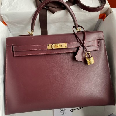 Hermes Kelly Sellier 35 Handmade Bag In Bordeaux Box Calfskin TDBS27214