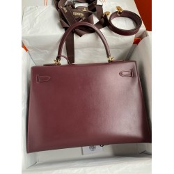 Hermes Kelly Sellier 35 Handmade Bag In Bordeaux Box Calfskin TDBS27214