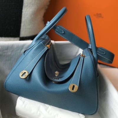 Hermes Lindy 30cm Bag In Blue Jean Clemence Leather  TDBS27428