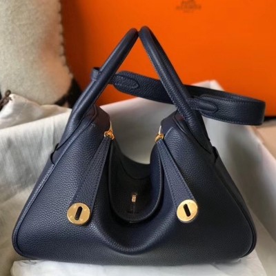 Hermes Lindy 30cm Bag In Navy Blue Clemence Leather TDBS27434