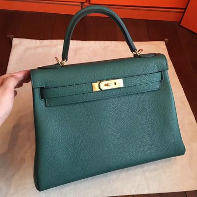 Hermes Malachite Clemence Kelly Retourne 32cm Handmade Bag TDBS27218