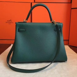 Hermes Malachite Clemence Kelly Retourne 32cm Handmade Bag TDBS27218