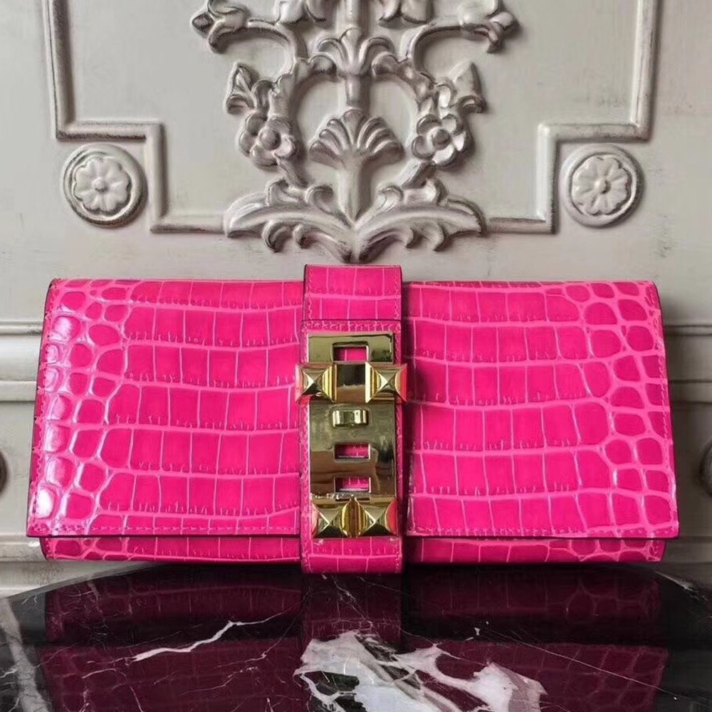 Hermes Medor Clutch Bag In Rose Red Crocodile Leather TDBS26616