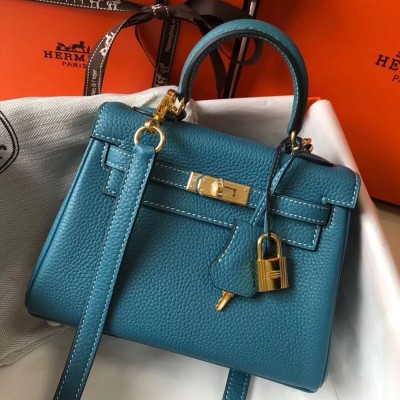 Hermes Mini Kelly 20cm Bag In Blue Jean Clemence Leather TDBS27227