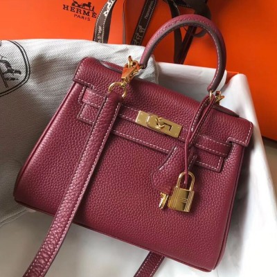 Hermes Mini Kelly 20cm Bag In Bordeaux Clemence Leather TDBS27229