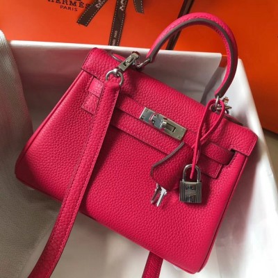 Hermes Mini Kelly 20cm Bag In Rose Red Clemence Leather TDBS27238