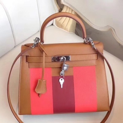 Hermes Multicolor Stripes Kelly 28cm Gold Bag TDBS27245