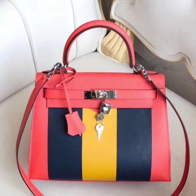 Hermes Multicolor Stripes Kelly 28cm Red Bag  TDBS27246