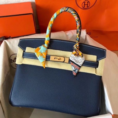 Hermes Navy Blue Birkin 30cm Clemence Handmade Bag TDBS26270