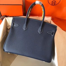 Hermes Navy Blue Birkin 30cm Clemence Handmade Bag TDBS26270