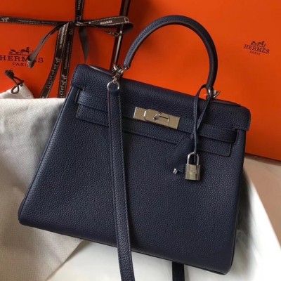 Hermes Navy Blue Clemence Kelly 28cm Bag TDBS27247