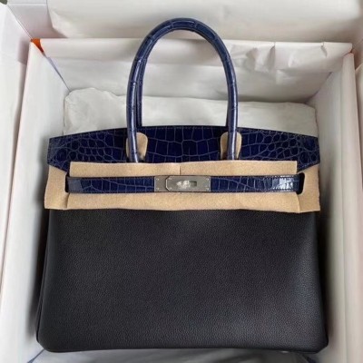 Hermes Noir Touch Birkin 30cm Bag Shiny Niloticus Crocodile Skin TDBS26276