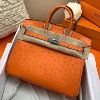 Hermes Orange Birkin 25cm Ostrich Handmade Bag TDBS26278