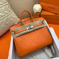 Hermes Orange Birkin 25cm Ostrich Handmade Bag TDBS26278