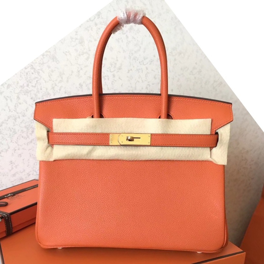 Hermes Orange Birkin 30cm Clemence Handmade Bag TDBS26279