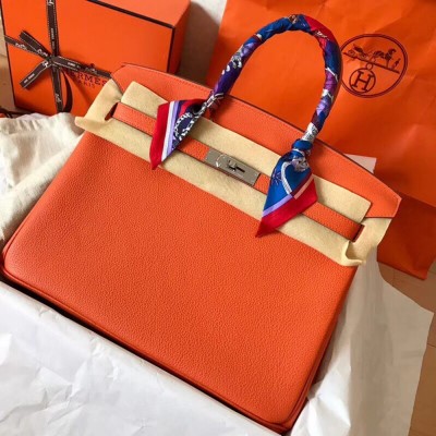 Hermes Orange Birkin 35cm Clemence Handmade Bag TDBS26282