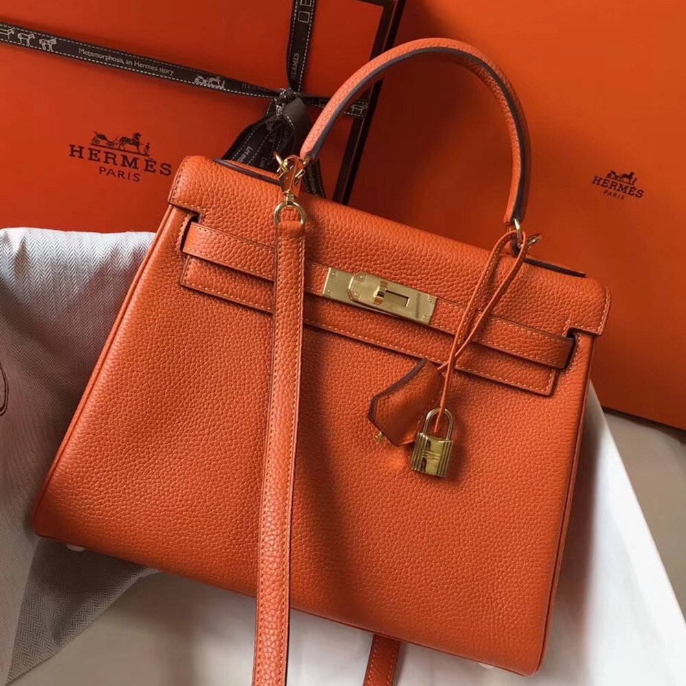 Hermes Orange Clemence Kelly 28cm Bag TDBS27251