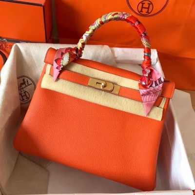 Hermes Orange Clemence Kelly 28cm Handmade Bag TDBS27252