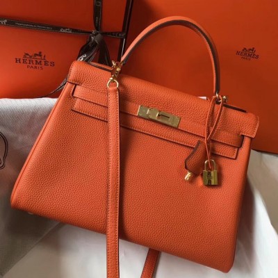 Hermes Orange Clemence Kelly 32cm Retourne Bag TDBS27253