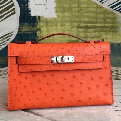 Hermes Orange Kelly Pochette Ostrich Handmade Bag TDBS27258