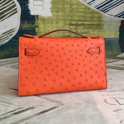 Hermes Orange Kelly Pochette Ostrich Handmade Bag TDBS27258