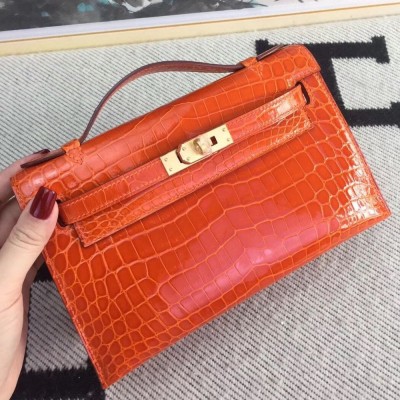 Hermes Orange Kelly Pochette Shiny Niloticus Crocodile Bag TDBS27259