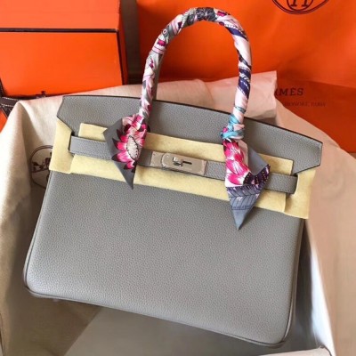 Hermes Pearl Grey Birkin 30cm Clemence Handmade Bag TDBS26287