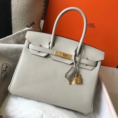 Hermes Pearl Grey Clemence Birkin 30cm Bag GHW TDBS26288