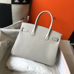 Hermes Pearl Grey Clemence Birkin 30cm Bag GHW TDBS26288