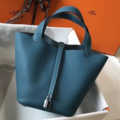 Hermes Picotin Lock 18 Bag In Blue Jean Clemence Leather TDBS27525