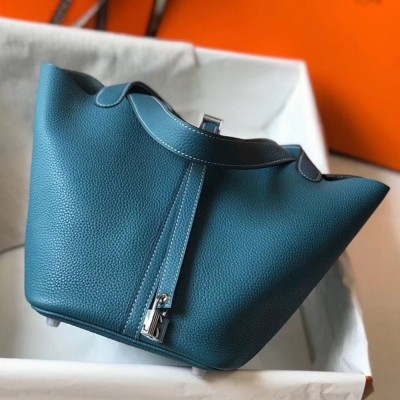 Hermes Picotin Lock 22 Bag In Blue Jean Clemence Leather TDBS27541