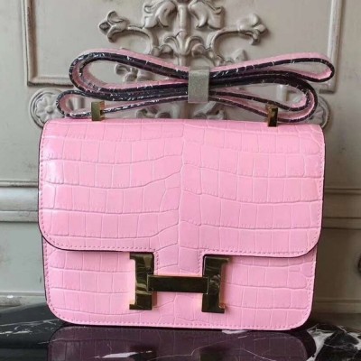 Hermes Pink Constance MM 24cm Crocodile Bag TDBS26564