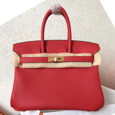 Hermes Red Birkin 25cm Clemence Handmade Bag TDBS26295