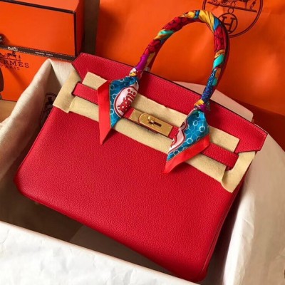 Hermes Red Birkin 30cm Clemence Handmade Bag TDBS26297