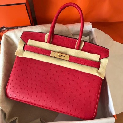 Hermes Red Birkin 30cm Ostrich Handmade Bag TDBS26300