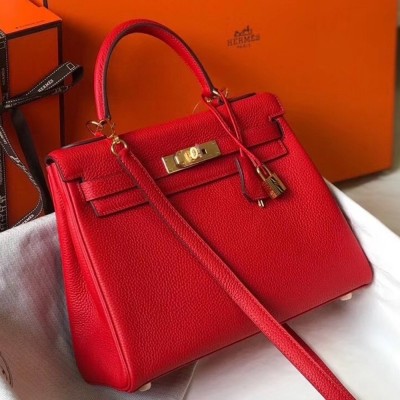 Hermes Red Clemence Kelly 25cm GHW Bag TDBS27269