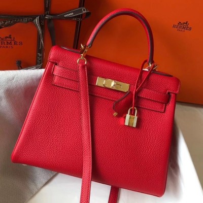 Hermes Red Clemence Kelly 28cm Bag TDBS27270