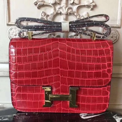 Hermes Red Constance MM 24cm Crocodile Bag TDBS26566