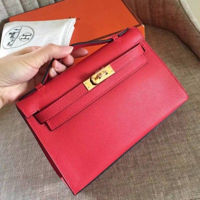 Hermes Red Kelly Pochette Epsom Handmade Bag TDBS27277