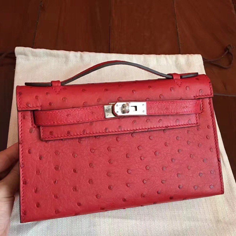 Hermes Red Kelly Pochette Ostrich Handmade Bag TDBS27278