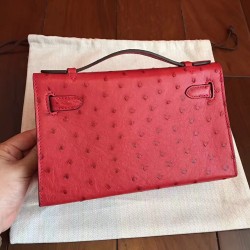 Hermes Red Kelly Pochette Ostrich Handmade Bag TDBS27278