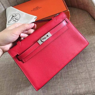 Hermes Red Kelly Pochette Swift Handmade Bag TDBS27279