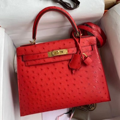 Hermes Red Ostrich Kelly 28cm Handmade Bag TDBS27280