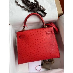 Hermes Red Ostrich Kelly 28cm Handmade Bag TDBS27280