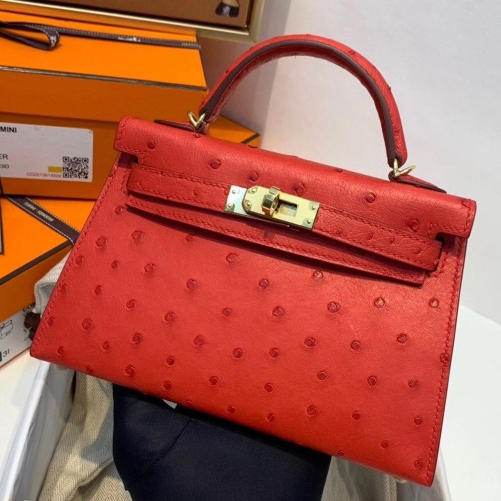 Hermes Red Ostrich Kelly Mini II Handmade Bag TDBS27281