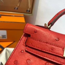 Hermes Red Ostrich Kelly Mini II Handmade Bag TDBS27281