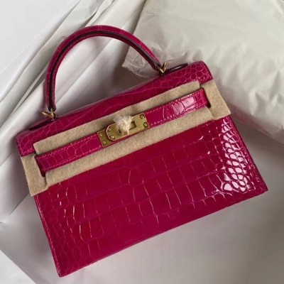 Hermes Rose Red Alligator Crocodile Kelly Mini II Handmade Bag TDBS27290