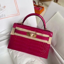 Hermes Rose Red Alligator Crocodile Kelly Mini II Handmade Bag TDBS27290